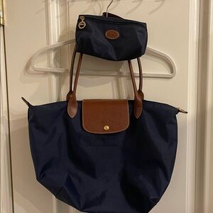 Longchamp Navy Tote with Brown Accents